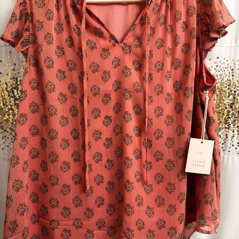 LC Lauren Conrad Pink Flutter Sleeve Blouse with Tie Front